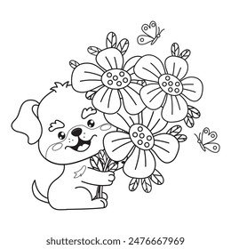 Lindo perro con ramo de flores con mariposas. Dibujo animado de contorno Festiva kawaii personaje animal cachorro. Dibujo de líneas, libro de colorear. Ilustración vectorial. Colección de niños.