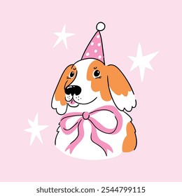 Cute dog with bow and birthday hat. Vector illustration for Birthday day. Preppy dog greeting card design in hand-drawn style. 