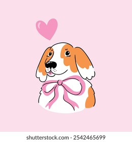 Cute dog with bow and heart. Vector illustration for Valentines day, wedding invitation or greeting birthday card. Preppy pink dog valentines card design in hand-drawn style. 