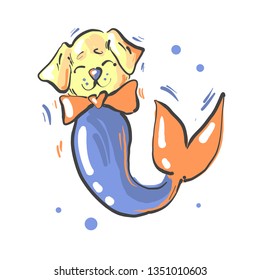 Cute dog with bow and mermaid fish tail fantasy illustration