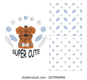 Cute dog with a bow. Two simple seamless patterns for childish clothes, surface design. Vector illustration.