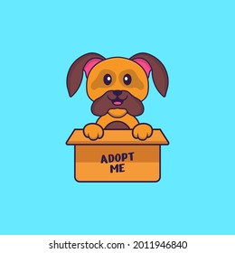 Cute dog in box with a poster Adopt me. Animal cartoon concept isolated. Can used for t-shirt, greeting card, invitation card or mascot.