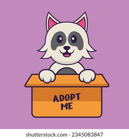 Cute dog in box with a poster Adopt me. Animal cartoon concept isolated. Can used for t-shirt, greeting card, invitation card or mascot