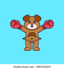 Cute dog in boxer costume with champion belt. Animal cartoon concept isolated. Can used for t-shirt, greeting card, invitation card or mascot.