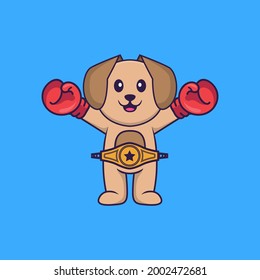 Cute dog in boxer costume with champion belt. Animal cartoon concept isolated. Can used for t-shirt, greeting card, invitation card or mascot.