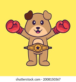 Cute dog in boxer costume with champion belt. Animal cartoon concept isolated. Can used for t-shirt, greeting card, invitation card or mascot.