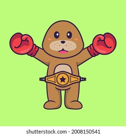 Cute dog in boxer costume with champion belt. Animal cartoon concept isolated. Can used for t-shirt, greeting card, invitation card or mascot.