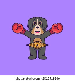 Cute dog in boxer costume with champion belt. Animal cartoon concept isolated. Can used for t-shirt, greeting card, invitation card or mascot.