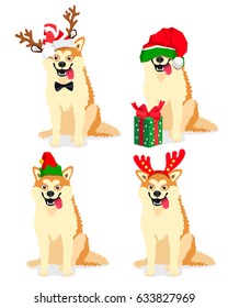Cute dog of breed Akita Inu in a New Year's cap. Vector illustration on white background. Friend of human. Symbol of the 2018.
