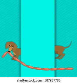 Cute dog breed dachshund with a bunch of sausages in his mouth. Background for a text for congratulations.