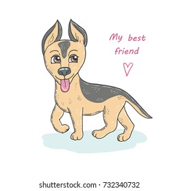 Cute dog breed german shepherd puppy. My best friend. Lovely illustration in cartoon style on white background.