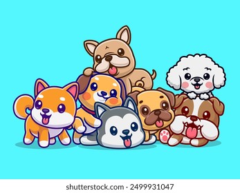 Cute Dog Breed Playing Together Cartoon Vector Icon Illustration. Animal Nature Icon Concept Isolated Premium Vector. Flat Cartoon Style