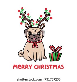 Cute dog breed pug with deer horns and ears adorned with mistletoe. Merry Christmas card. It can be used for sticker, patch, phone case, poster, t-shirt, mug and other design.