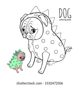 Cute dog breed pug in a dragon costume. It can be used for coloring book page