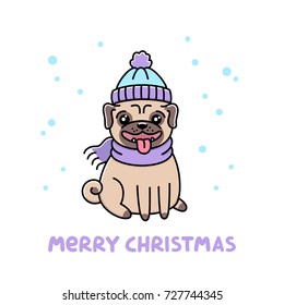 Cute dog breed pug in hat and scarf with snowflakes. Merry Christmas card. It can be used for sticker, patch, phone case, poster, t-shirt, mug and other design.