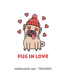 Cute dog breed pug in hat, in love. It can be used for sticker, patch, phone case, poster, t-shirt, mug and other design. Happy Valentine's day print.