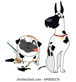 Cute dog breed pug with tongue hanging out draws on himself and his friend breed of dog the spots of a Dalmatian dog isolated on white background. Funny Pets. Vector cartoon close-up illustration.