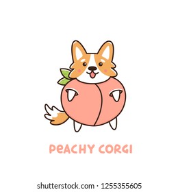 Cute dog breed welsh corgi in a peach with text: peachy corgi. It can be used for sticker, patch, card, phone case, poster, t-shirt, mug etc.