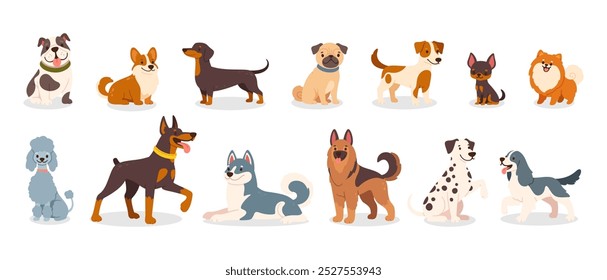 Süße Hunderassen. Cartoon Welpen und Hund Haustier. Lustige freundliche Tierfiguren. Glücklicher Corgi, Doberman, Dalmatiner, Pug, Dackel. Flacher Welpen-Vektorsatz.