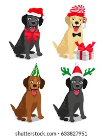 Cute dog breeds Labrador in a New Year hat. Vector illustration on white background. Friend of human. Symbol of the 2018.