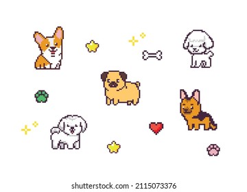 Cute dog breeds. Pixel art 80s style icons. Stickers and embroidery design. Video game sprite.