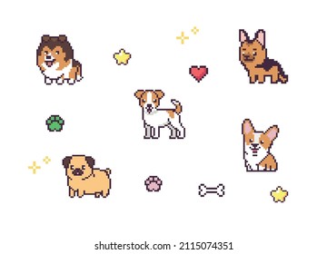 Cute dog breeds. Pixel art 80s style icons. Stickers and embroidery design. Video game sprite.