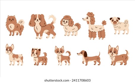 Cute dog breeds vector set. Cartoon illustrations collection of various popular purebred small and toy puppies in flat style for veterinary, pets, kids