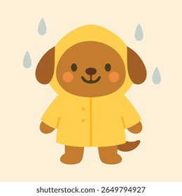 A cute dog in a bright yellow raincoat stands outside in the rain