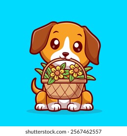 Cute Dog Bring Sunflower With Basket Cartoon Vector Icon 
Illustration. Animal Nature Icon Concept Isolated Premium 
Vector. Flat Cartoon Style 