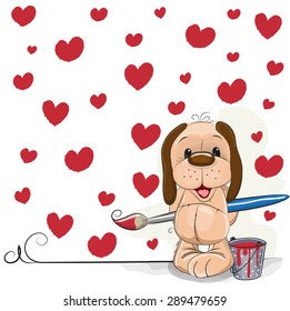Cute Dog with brush is drawing hearts
