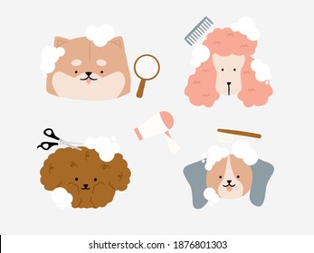 Cute dog with bubble at Groomer Salon Dog friendly area. Pet Hair Salon, Styling and Grooming Shop. Pet Store for Dogs with elements Cut Wool, Comb Brush, Drying, Hand mirror and comb illustration. svg