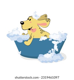 The Cute dog in a bubbles bath in a flat style. Grooming. Pet care illustration for content, label, banner, graphic and greeting card