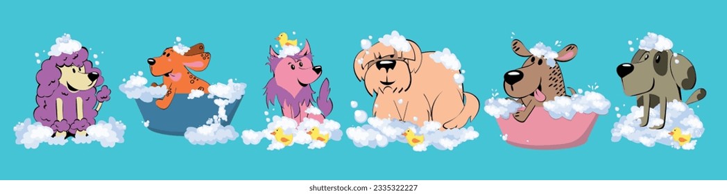 The Cute dog in a bubbles bath in a flat style. Grooming. Pet care illustration for content, label, banner, graphic and greeting card