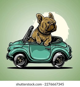 Cute Dog Bulldog Pitbull Riding And Driving Car Vector Illustration