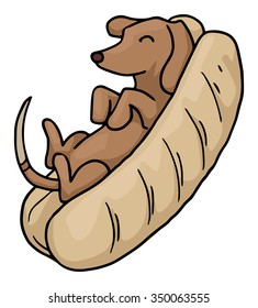 Cute dog in a bun, hot dog, humor, vector illustration