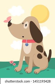 Cute dog with butterfly on muzzle. Childish print for nursery, poster, postcard. Vector.