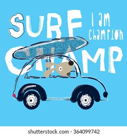 cute dog by car, surfer dog on the beach, T-shirt design vector illustration