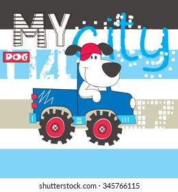 cute dog by car, T-shirt design vector illustration