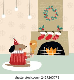Cute dog by the fireplace with hot tea. New Year. Children's illustration for advent calendar or poster.