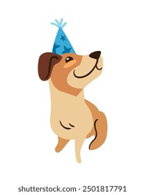 cute dog with cake and party hat isolated