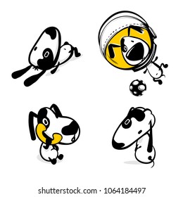 Cute dog calling phone sticker set. Monochrome puppy collection design. Simple black white sketch vector illustration design. Comic character active funny animal pet. Happy friendly doggy collection.