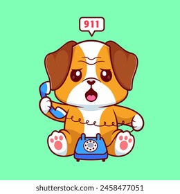 Lindo Perro Llamando A La Policía Con Ilustración Del Icono Del Vector De Dibujos Animados Del Teléfono. Icono de Tecnología animal concepto de Vector Premium aislado. Estilo plano de dibujos animados