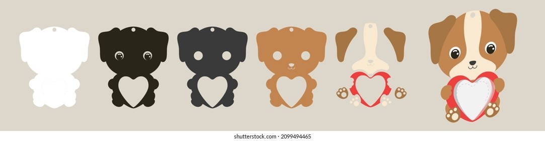 Cute dog candy ornament. Layered paper decoration treat holder for dome. Hanger for sweets, candy for birthday, baby shower, valentine days. Print, cut out, glue. Vector stock illustration