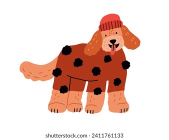 Cute dog in canine clothes, wearing warm sweater and winter hat. Funny labradoodle doggy in knitwear. Happy puppy in knitted wool apparel. Flat vector illustration isolated on white background