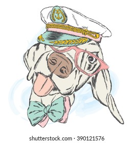 Cute dog in the captain's cap. Captain. Sailor. Vector illustration.