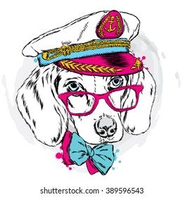 Cute dog in a captain's cap. Charming puppy. Vector illustration.