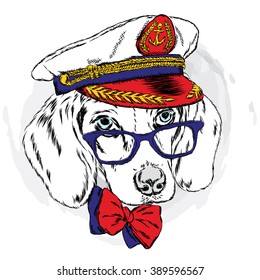 Cute dog in a captain's cap. Charming puppy. Vector illustration.