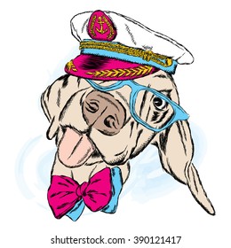 Cute dog in the captain's cap. Sailor. Vector illustration.