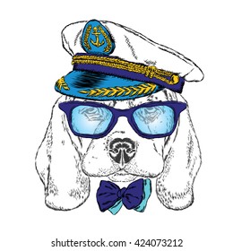 Cute dog in the captain's cap. Sailor. Vector illustration.