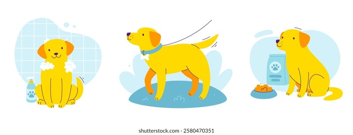 Cute dog care set. Vector cartoon collection scene with labrador. 